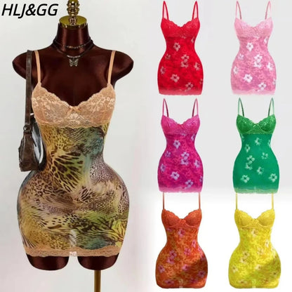 HLJ&GG Sexy Leopard Print Lace Spaghetti Strap Bodycon Mini Dresses Women Sleeveless Backless Slim Vestidos Summer New Clothing