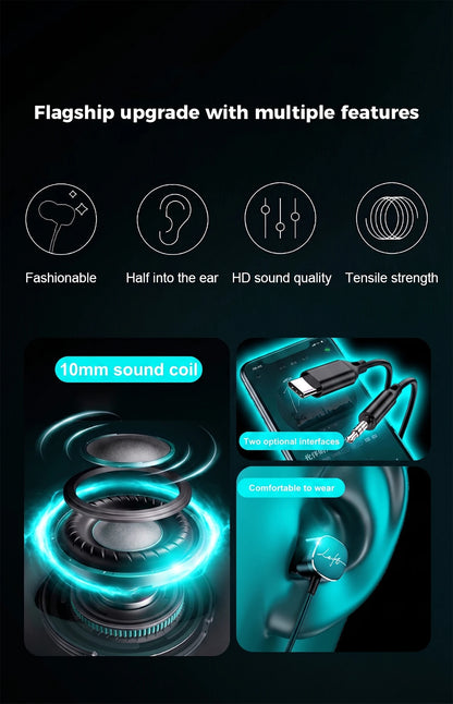 Type C Wired Headphones HiFi Bass Stereo Volume Control Headset In HD Mic Wired Earbuds For Samsung Galaxy S26 S25 S24 Earphones