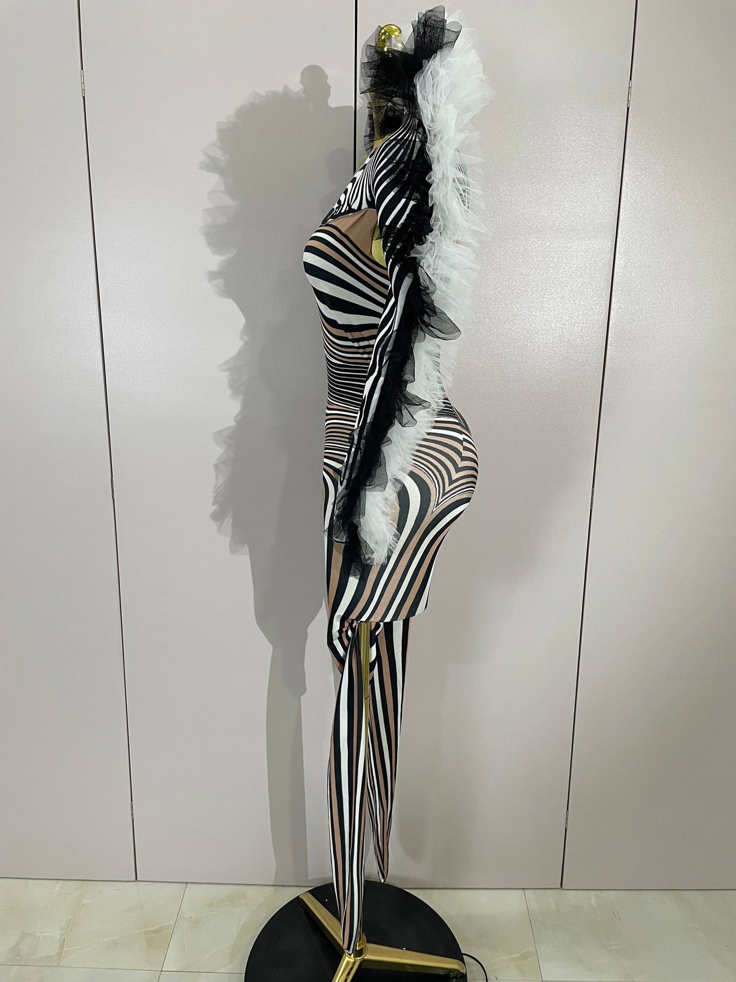 Women Zebra Stripes Long Sleeve Bodycon Jumpsuit Two Piece Set Birthday Party Nightclub Stage Performance Festival Rompers