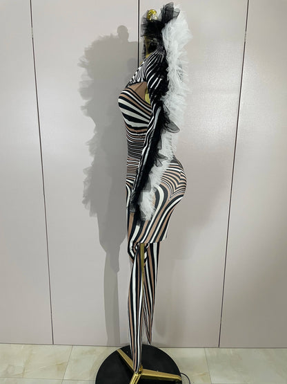 Women Zebra Stripes Long Sleeve Bodycon Jumpsuit Two Piece Set Birthday Party Nightclub Stage Performance Festival Rompers