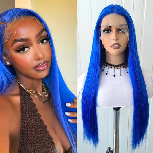 AIMEYA Blue Hair Lace Wig Synthetic Straight Wigs for Women Lace Frontal Wig Natural Hairline Cosplay Party Wigs Heat Resistant