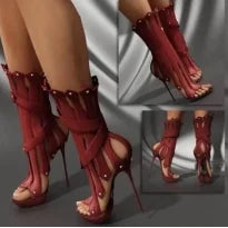 Sexy Vertical Shape Stiletto Heel Ankle Boots Peep Toe Metal Heels Studded Strappy Sandals Red White Black Runway Boot Shoes