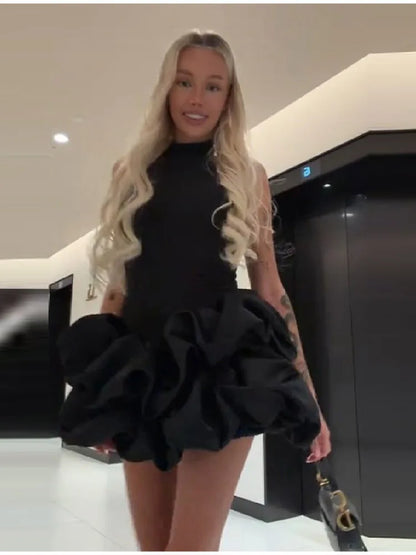 Gentle Sweet Mini Dress Sleeveless Ruffled Bubble Skirt Women Dresses Party Chic Female Stylish Fashion Date Outfits