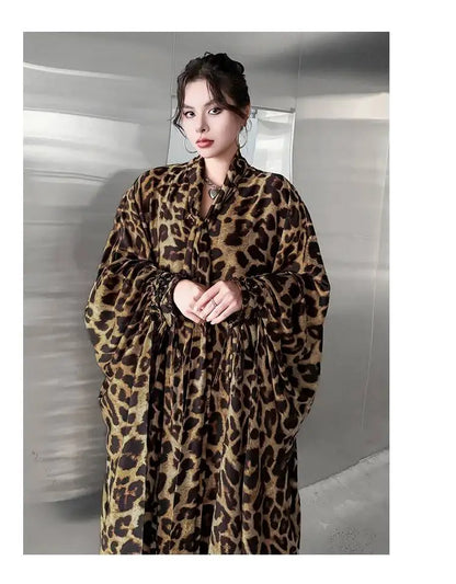 Leopard Print Loose Bat-sleeve Dress Women Summer Stand-up Collar Tie-waist Oversize Slimming Casual Long Dress XY420