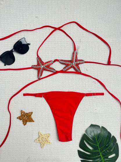 Sexy Sequin Starfish Ornament Bikini Set 2027 Women Red Hollow Bandage Cross Push Up Thong Swimsuit Beach Bathing Suit Swimwear
