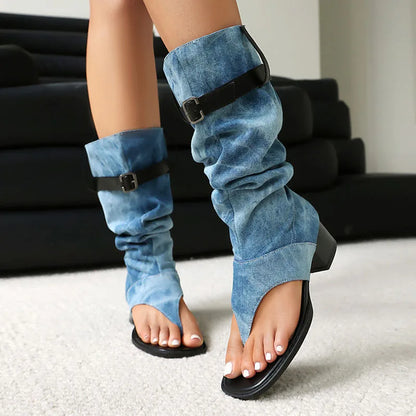 New Fashion sandalias femininas Clip Toe Chunky Heels High Top Sandals Women Knee High Boot Summer Shoes Lady Flip Flops WSH5264