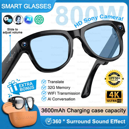 Smart Glasses M02 Ultra 2026 AI ChatGPT 1080P HD Camera 3600mAh Power Bank Charging Case 32GB Music Video Translation Sunglasses