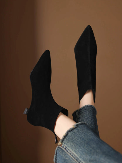 Plus Size 34-42 Genuine Leather Pointed Toe Med Heels Zipper Modern Boots Winter Autumn Shoes Concise Elegant Dress Ankle Boots