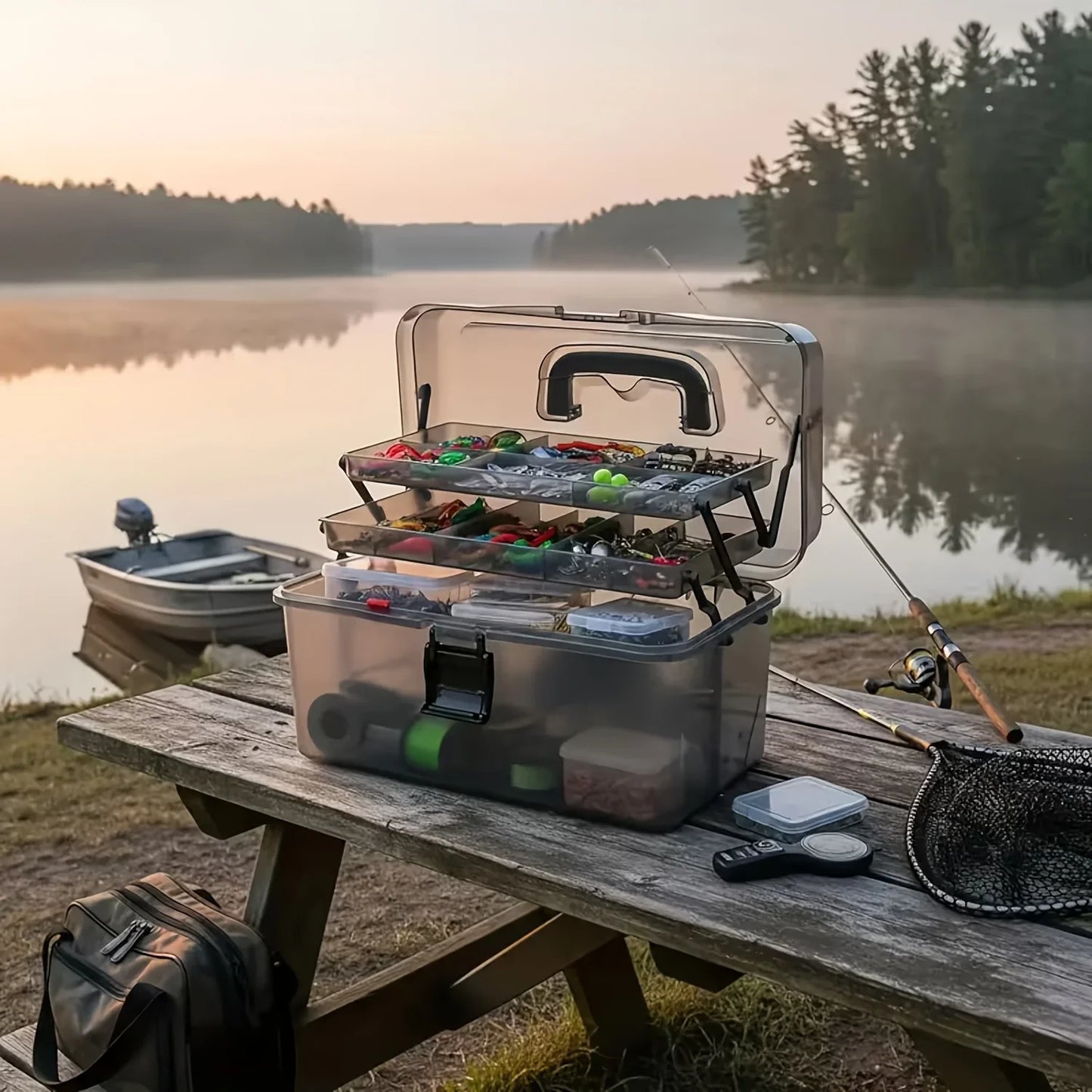 Durable PE Fishing Gear Box | Large Capacity, Black Transparent Design | Built-in Lock, Heavy-duty
