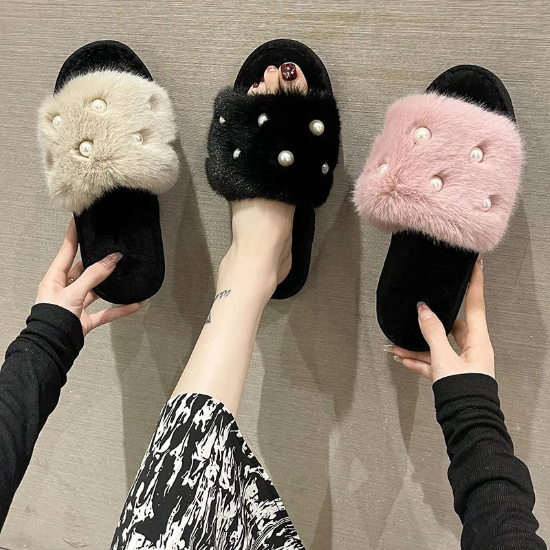 Perle Fluffy Slippers Home Winter Casual Designer Shoes Women 2025 New Luxury Indoor Plush Slides Girls Fashion Elegant Footwear