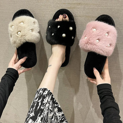 Perle Fluffy Slippers Home Winter Casual Designer Shoes Women 2025 New Luxury Indoor Plush Slides Girls Fashion Elegant Footwear