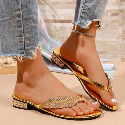 Luxury Rhinestone Leaf Flip Flops Woman Summer 2026 Gold Silver Crystal Low Heel Sandals Women Soft Bottom Lightweight Shoes 43