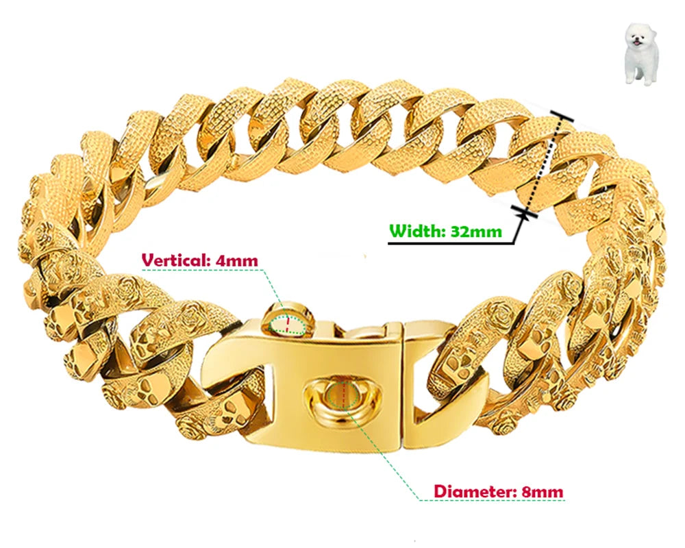 32mm  Gold Dog Collar Stainless Steel Metal Pet Choker Lead for Medium Large Dogs Pet Accessories Labrador Rottweiler