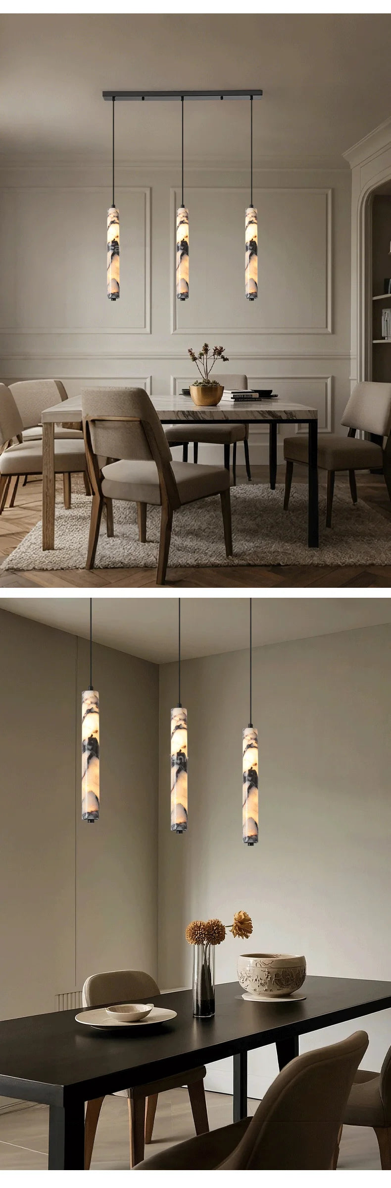 Luxury Black Cylinder Natural Stone Pendant Lamp High-end Bedside LED Chandelier Living Room Decoration Home Hanging Lights