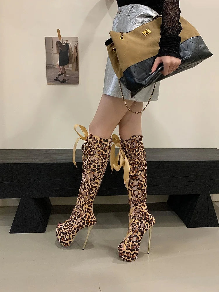 Aneikeh Sexy Leopard Print Hollow Out Ultra-high Heels Knee-High Boots Lady Club Stripper Peep Toe Platform Sandal Long Booties