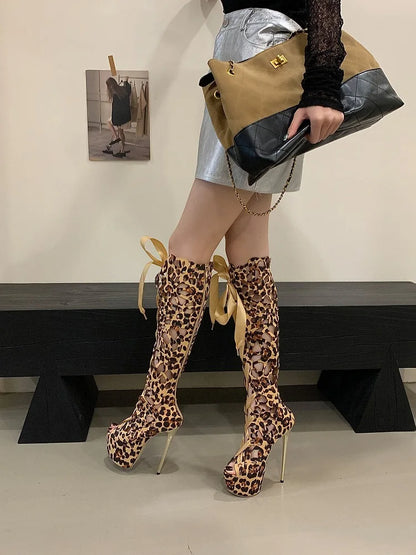 Aneikeh Sexy Leopard Print Hollow Out Ultra-high Heels Knee-High Boots Lady Club Stripper Peep Toe Platform Sandal Long Booties