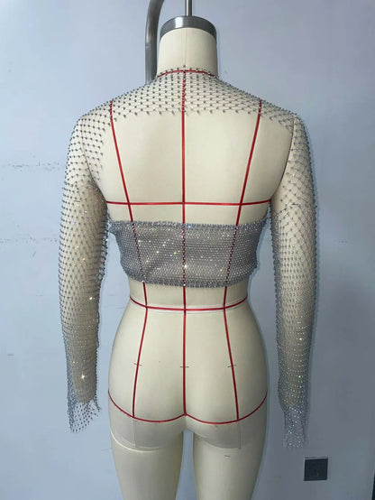Glitter Rhinestone Long Sleeve T Shirt Sexy See Through Hollow Out Fishnet Mesh Backless Crop Tops Nightclub Party Tank Top