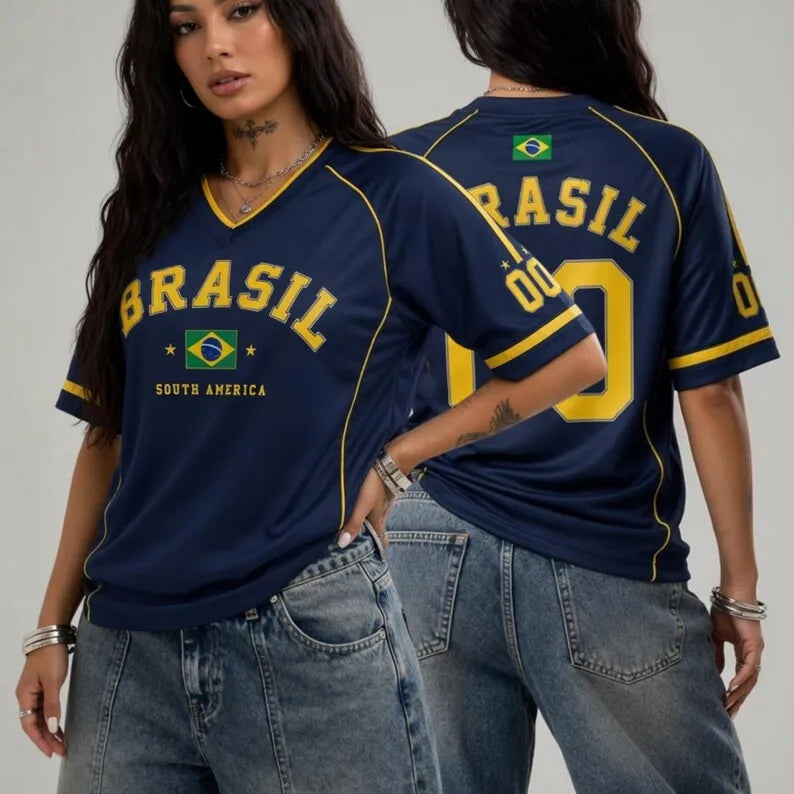 Women Brasil 00 Soccer Jersey Retro V-Neck Short Sleeve Breathable Mesh Loose Fit Y2K Streetwear Casual Football Shirt