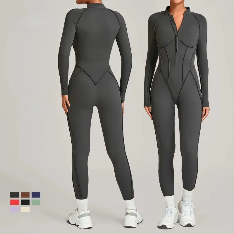 Women's Winter Yoga Jumpsuits Sports Fitness Hip-Lifting Slimming One-piece Zipper Long-Sleeved Outdoor Gym Workout Bodysuits