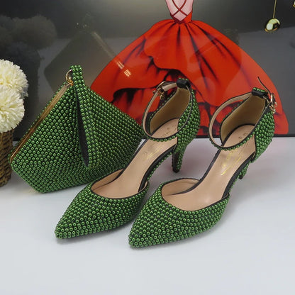BaoYaFang New arrival Green Pearl Bridal shoes and Bag Set woman party dress shoes Big size ankle Strap Buckle Shoes High Pumps