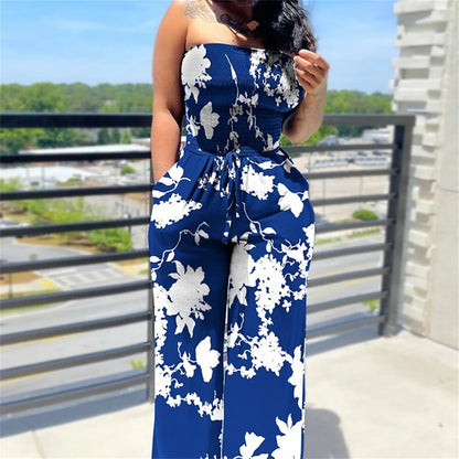 Women's Sexy Strapless One Piece Printed Pants Summer Fashion Lace Up High Waisted Slim Sleeveless Female Beach Holiday Jumpsuit