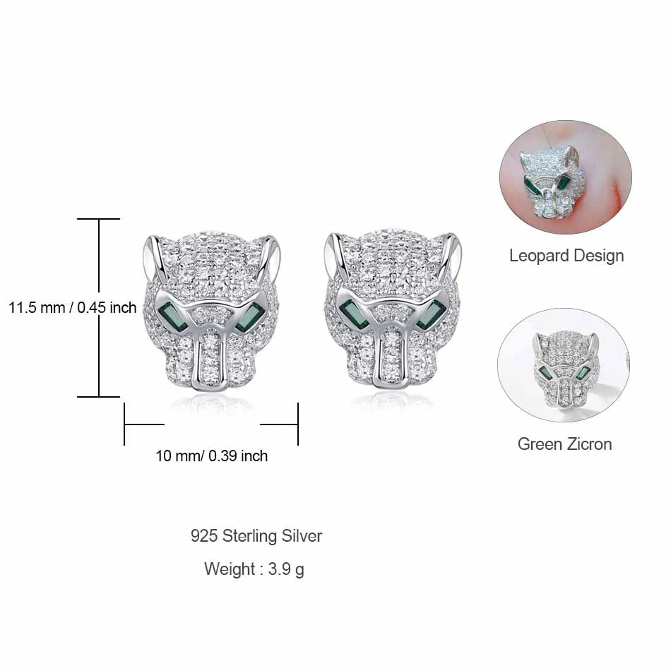 ALLNOEL 100% 925 Silver Stud Earrings For Women Leopard Head Green CZ Eye Panther Animal Jewelry Hip Hop Punk Gift Wholesale