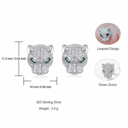 ALLNOEL 100% 925 Silver Stud Earrings For Women Leopard Head Green CZ Eye Panther Animal Jewelry Hip Hop Punk Gift Wholesale