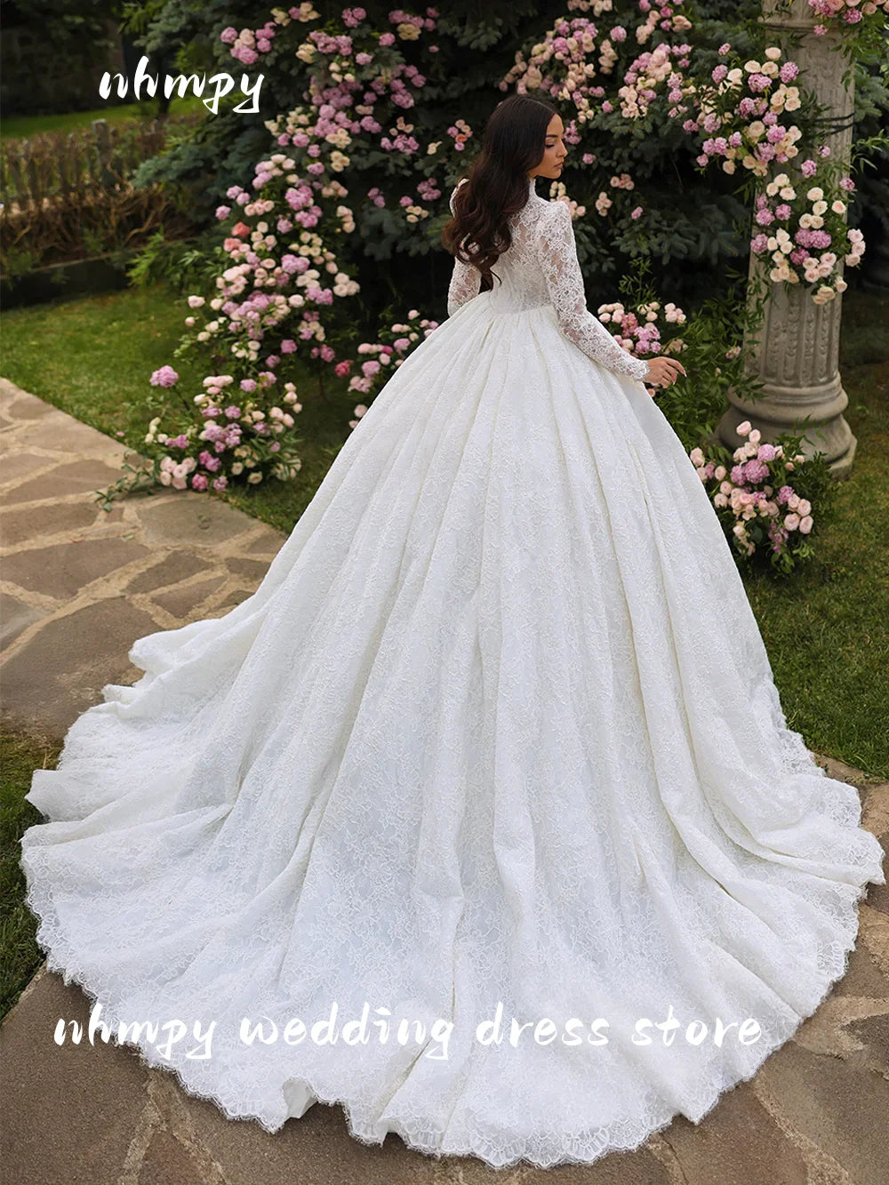 OL Gorgeous Ball Gown Wedding Dresses Bride Gown Customized High Neck Full Sleeves Lace Applique Saudi Arabian Bridal Dresses