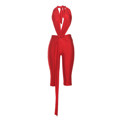 Weird Puss Patchwork Halter Romper Women Ribbon Sleeveless Elastic Backless Workout Activewear Midnight Activity Slim Playsuits