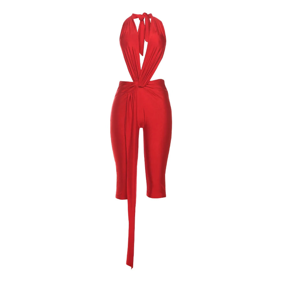 Weird Puss Ribbon Halter Romper Women Backless Patchwork Sleeveless Elastic Workout Activewear Midnight Activity Slim Playsuits