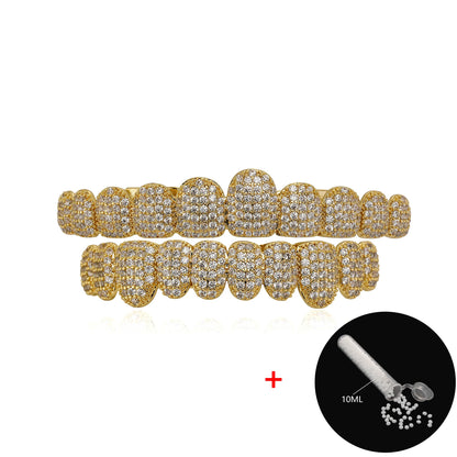 TOPGRILLZ Iced Out 10 Top &10 Bottom 5A CZ Stones Teeth Grillz Punk Rapper 14K Gold Plated Zircon Tooth Caps For Mouth Jewelry