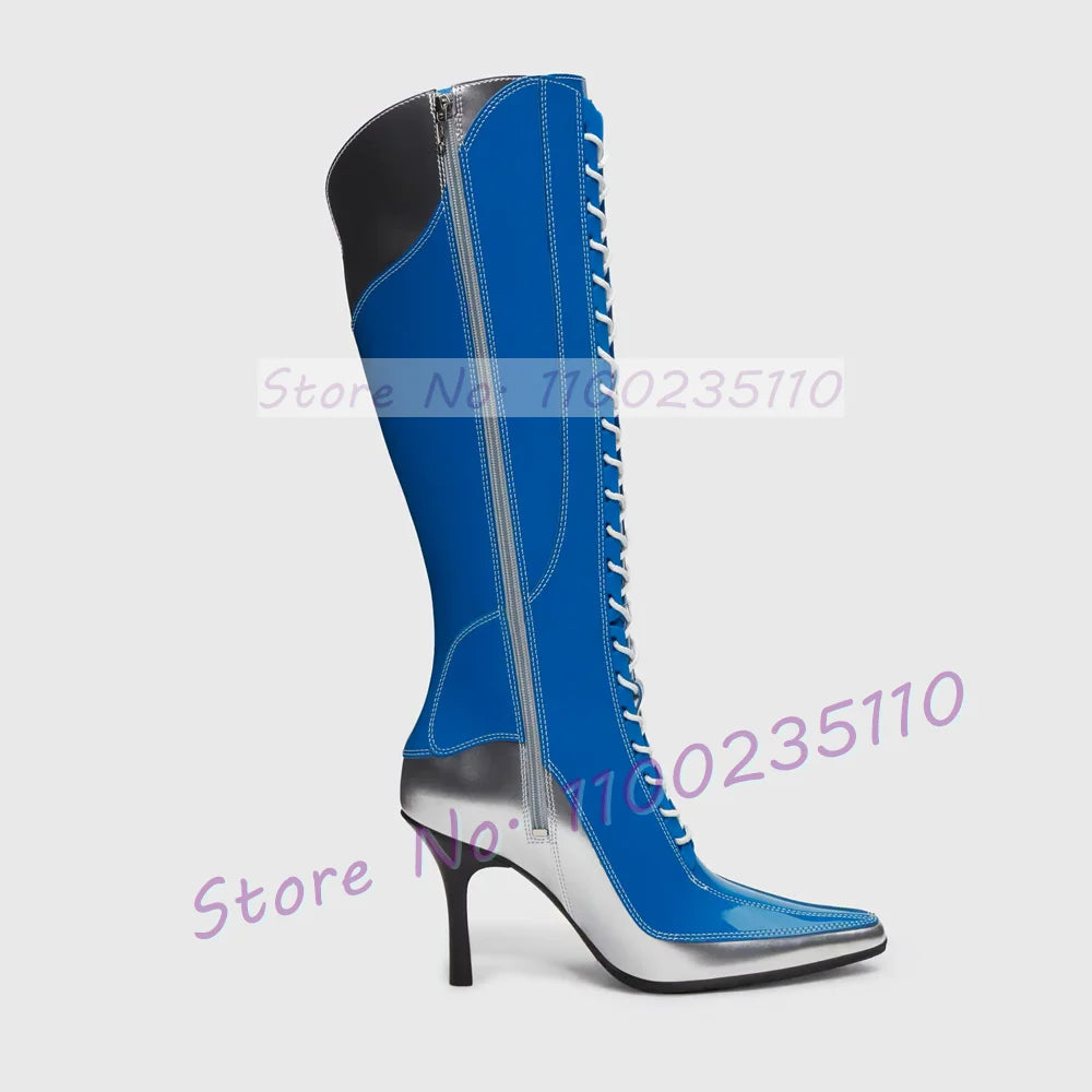 Blue Patent Leather Knee High Boots Women Stylish Pointy Toe Cross Tied High Heels Dress Shoes Ladies Hollow Out Cool Tall Boots
