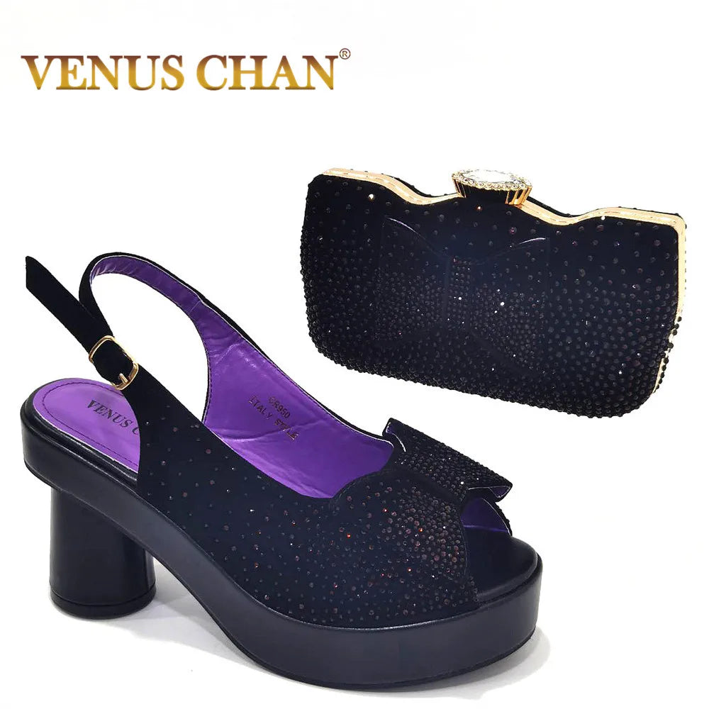 2024 Silver Fashion Square Heels with Platform African Women Shoes and Bag Set Full Crystal Pumps for Wedding Party