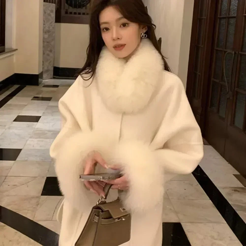 ORTBUY Autumn Winter New Fur Coat  Fox Fur Collar Jacket Female Double-sided Woolen Coat Small Double-sided Cashmere Coat Women