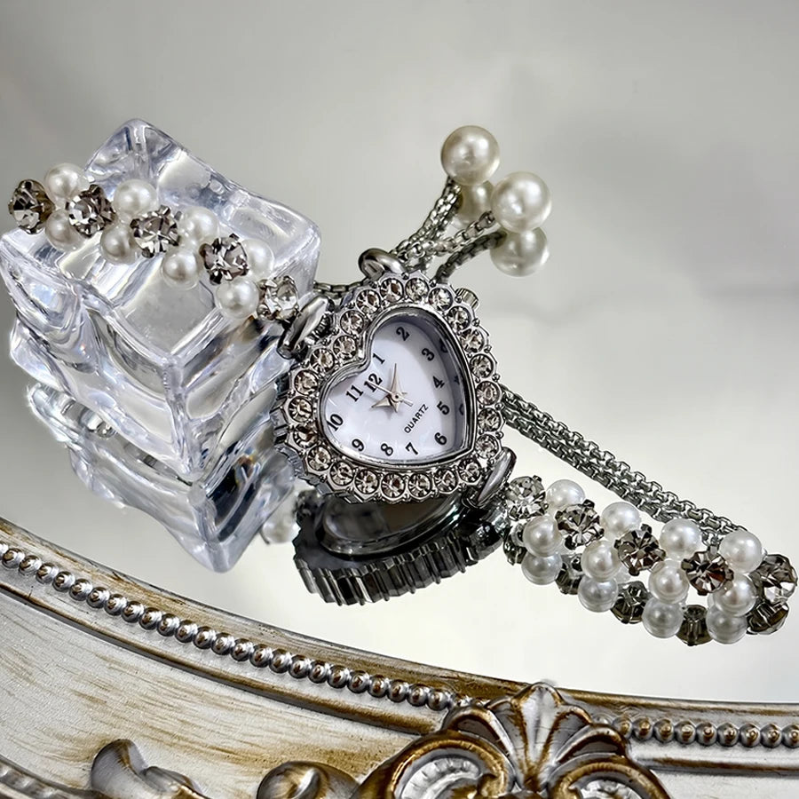 Elegant Heart-Shaped Watch with Double-Row Diamond Pearl Bracelet & Drawstring Closure