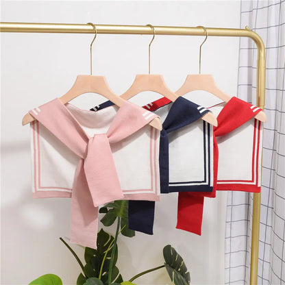 Korean College Navy Stripe Wool Knit Shoulder Cape Knotted Warm Overlapping Shawl Women Summer Neck Scarf T56