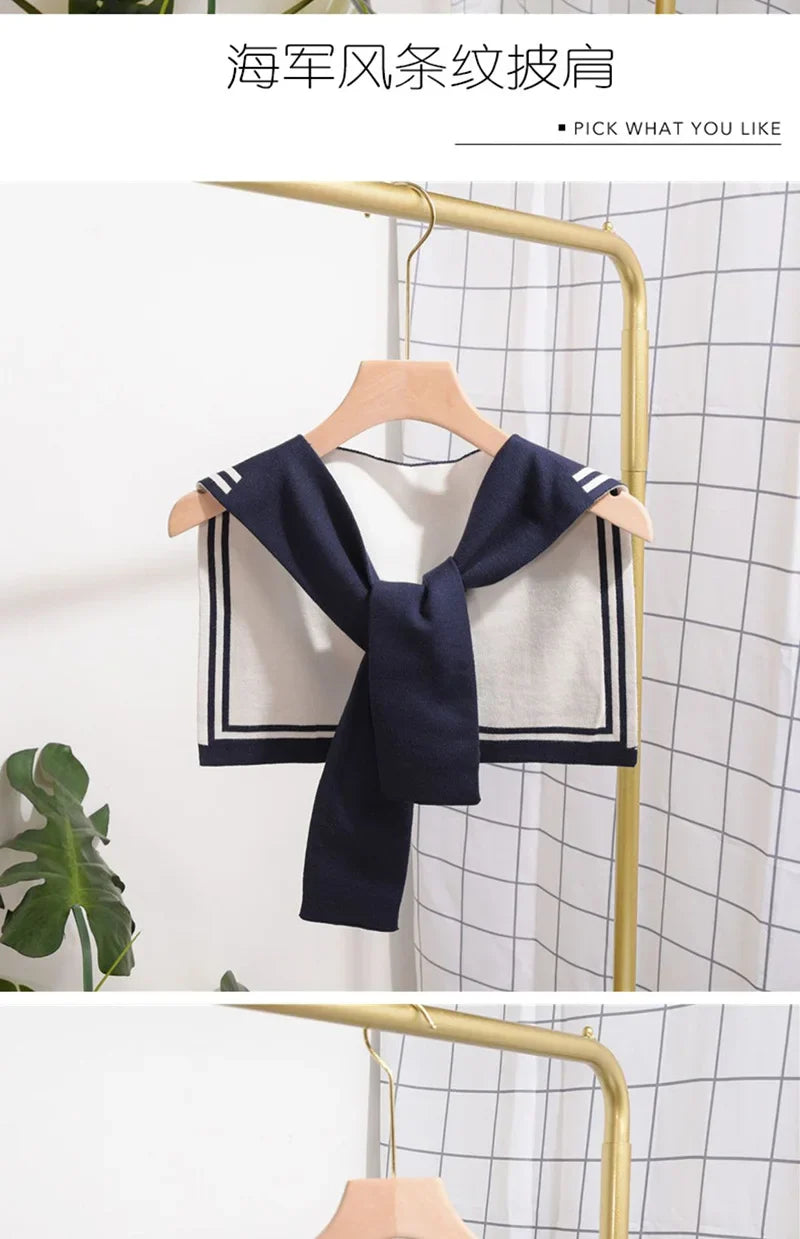 Korean College Navy Stripe Wool Knit Shoulder Cape Knotted Warm Overlapping Shawl Women Summer Neck Scarf T56