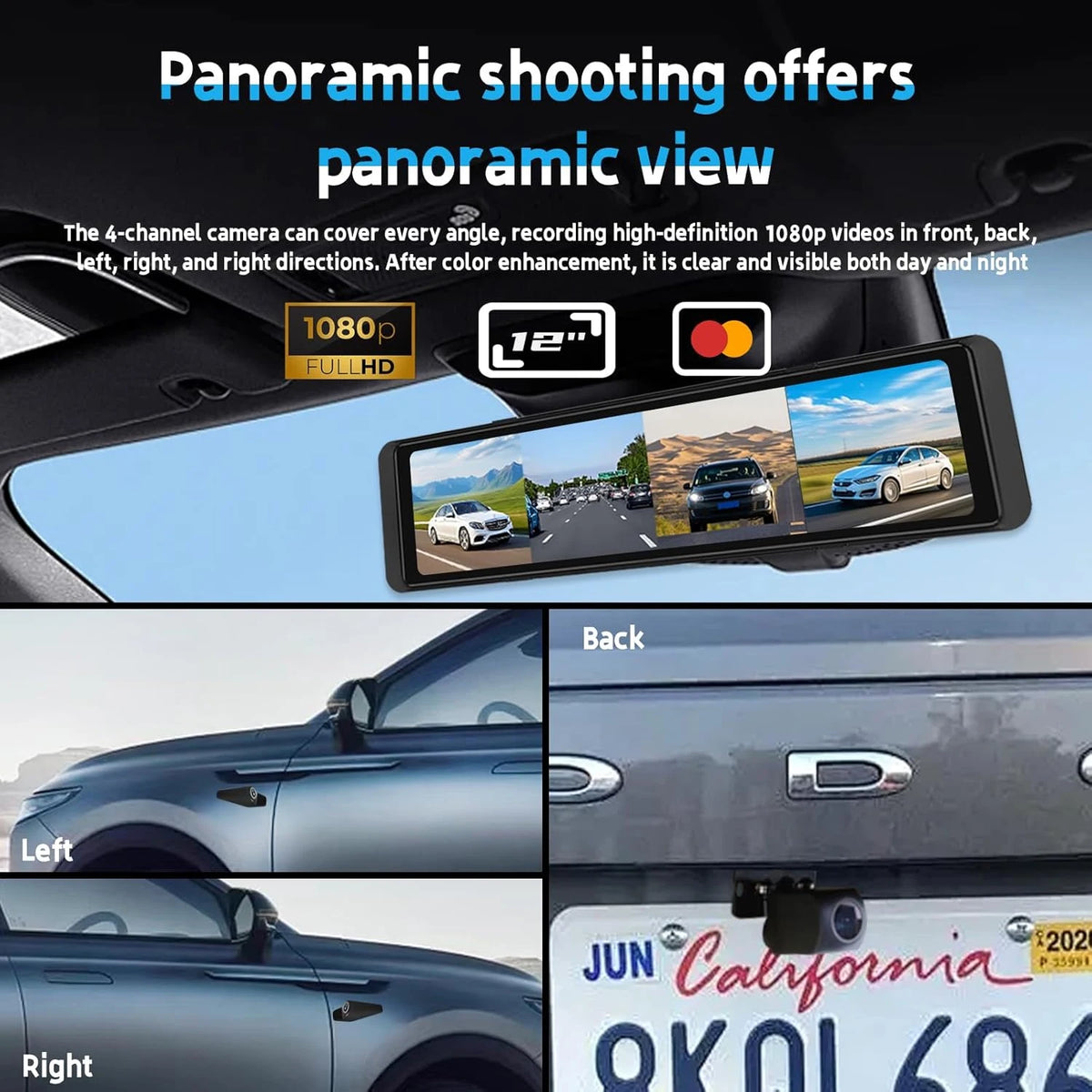 12''Rear View Mirror Camera 4-Channel Mirror Streaming with GPS BSD Blind Spot Detection 4K Front Lens+FHD1080Px3 Reverse Assist
