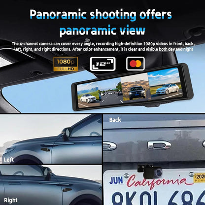 12''Rear View Mirror Camera 4-Channel Mirror Streaming with GPS BSD Blind Spot Detection 4K Front Lens+FHD1080Px3 Reverse Assist