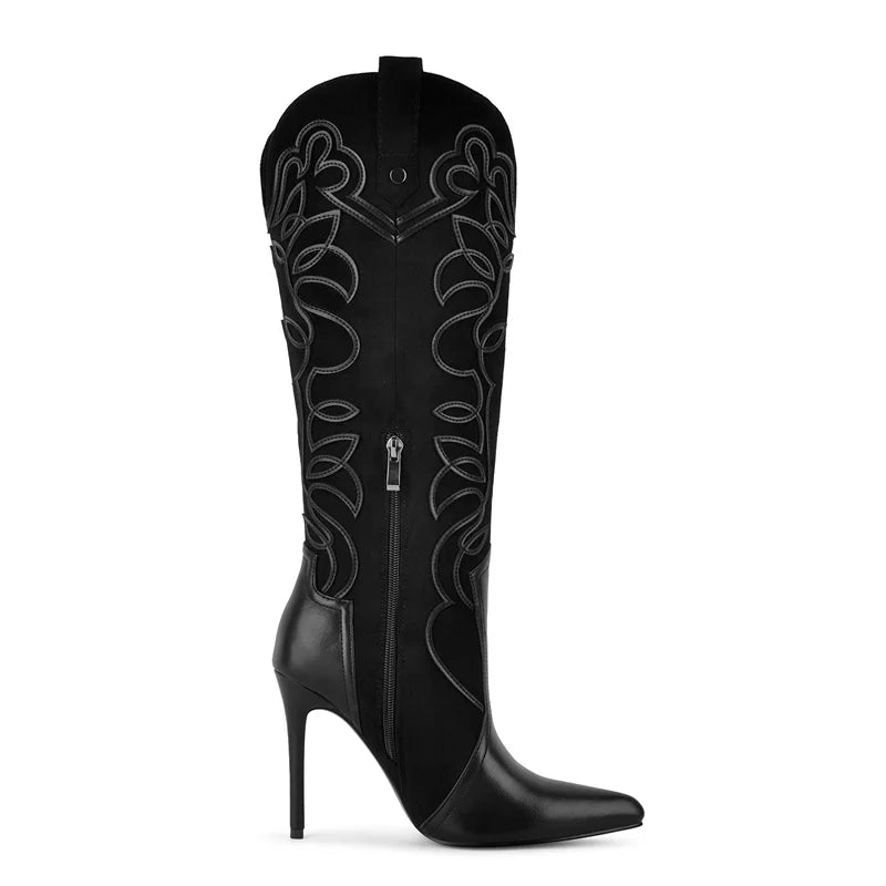 Onlymaker Women Pointed Toe Embroidered  Blue Denim Stiletto Heel Knee High Boots Side Zipper Plus Size Fashion Boots