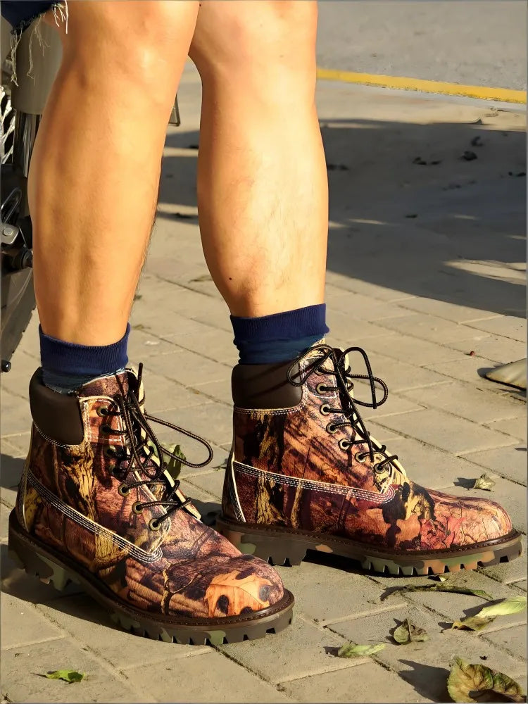 Youth Male Genuine Leather Platform Cross Tied Fashion Boots Mixed Color Cowhide Round Toe Hard Wearing High Top Footwear