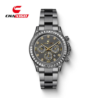 CHAXIGO 300 Diamond Studded Multi Functional Men's Quartz Watch Business Timing Steel Belt Light Luxury Calendar Watches for Man