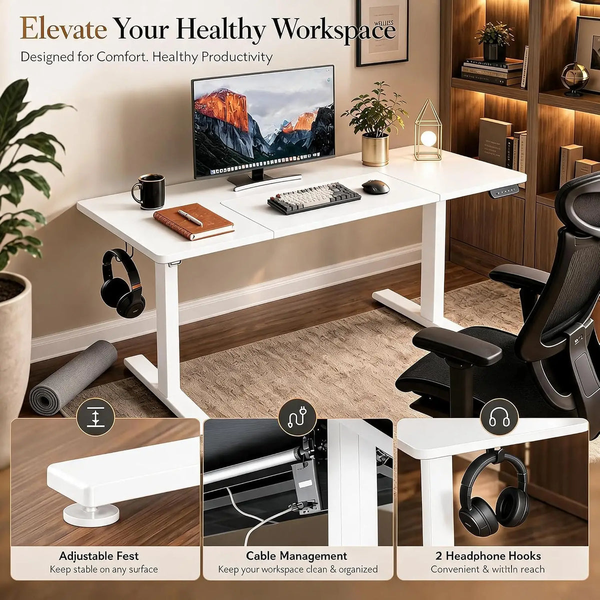 55" x 27" Electric Standing Desk, Height Adjustable Sit Stand Desk with Memory Presets, Ergonomic Workstation with Cable Management, Computer Desk for Home Office, White