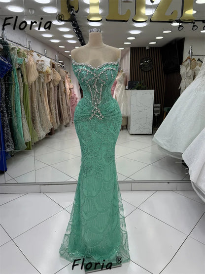 Turquoise Sweetheart Mermaid Prom Dress Customized 2026 Hand Beaded Crystal Backless Formal Party Evening Dress Robe De Soiree