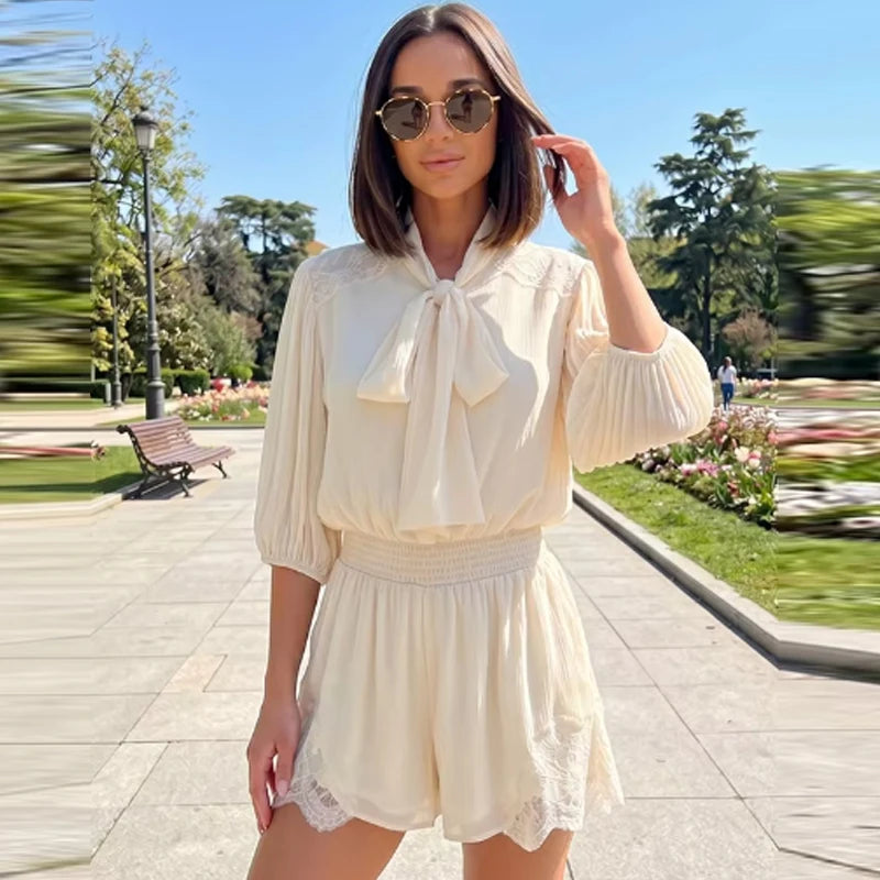 HXAO Ties Bow Lace Bodysuit Cream Short Jumpsuit Women Vacation Summer Playsuit Short Sleeve Mini Rompers Casual Combishort