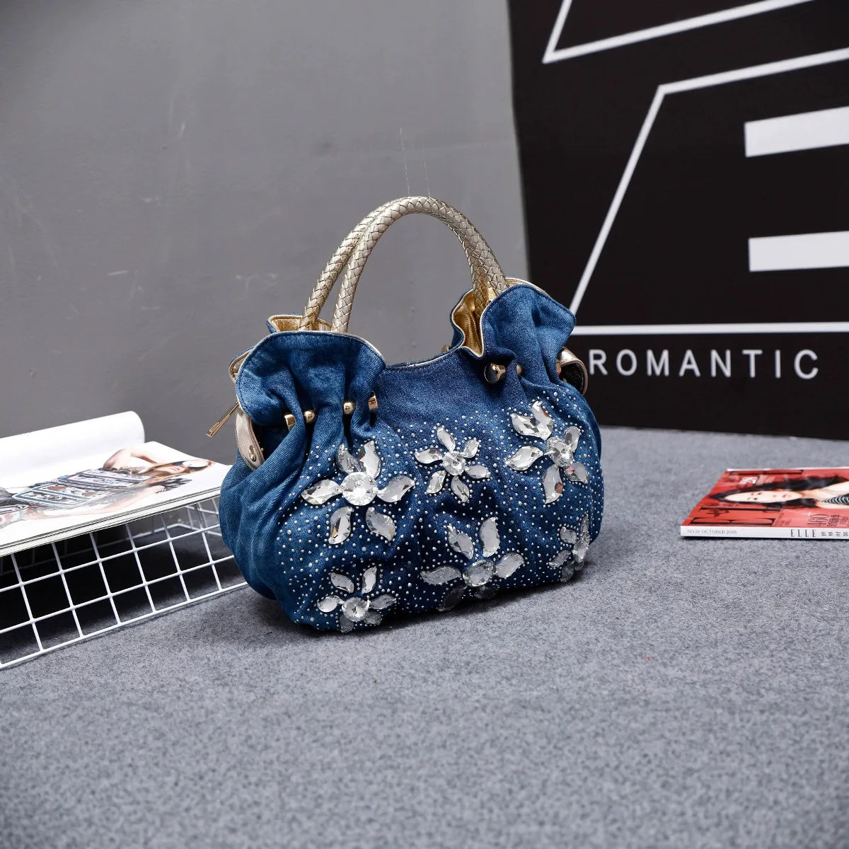 New Luxury Women Denim Bags Sweet Blue Pattern High Quality Handbags With Purses Diamond Ladies Tote Bag Messenger Bags