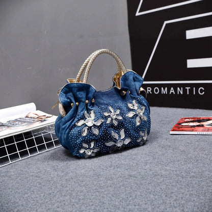 New Luxury Women Denim Bags Sweet Blue Pattern High Quality Handbags With Purses Diamond Ladies Tote Bag Messenger Bags