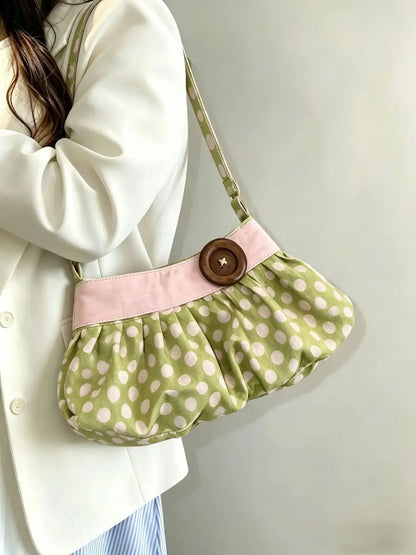 Pleated Design Dumpling Bag Retro Polka Dot Wooden Button Decor Handbag Soft Striped Shoulder Bags Pattern Casual Commuter Bag
