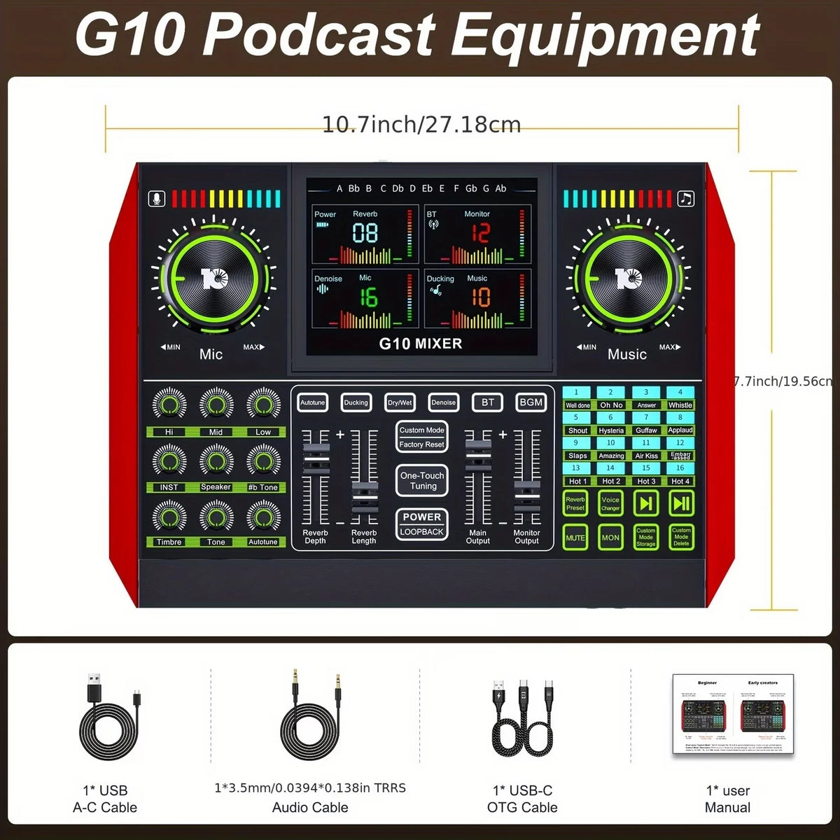 Tenlamp G10 Professional Audio Mixer Sound Card Kit with Voice Changer, XLR 3.5mm Mic Interface for PC Smartphone, DJ Mixing Console for Live Streaming Podcast Gaming Studio Recording