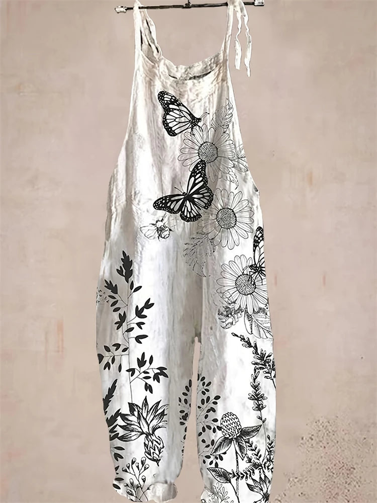 New Women's Sling Bodysuit Pants Sleeveless Floral Printed Wide Leg Pants Casual Outdoor Loose Backless Comfortable Breathable